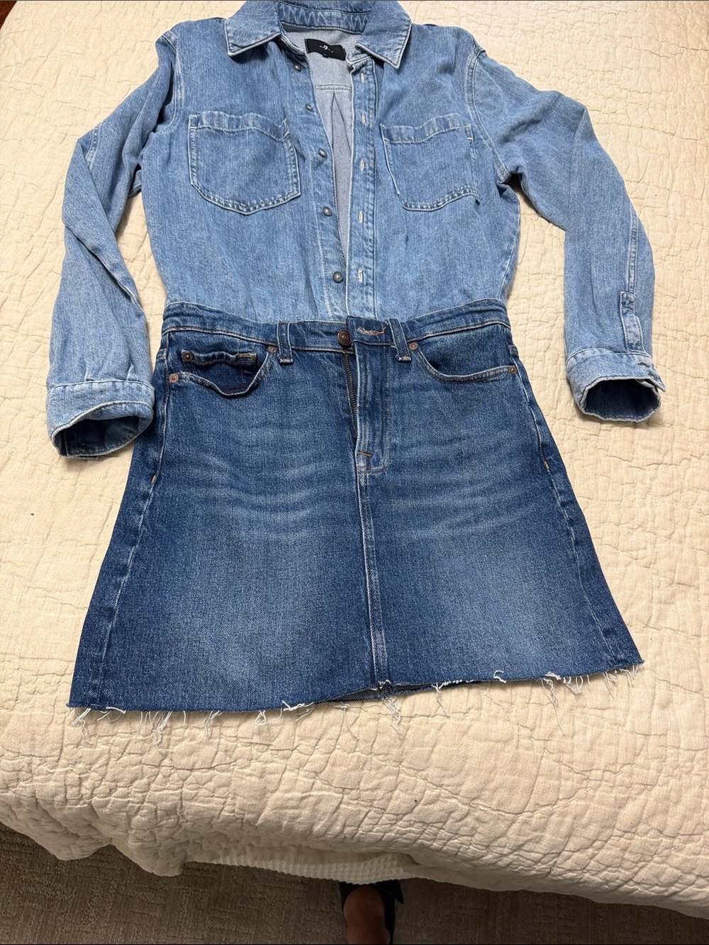 7 For All Mankind Two-Tone Denim Mini Dress in Light and Medium Blue